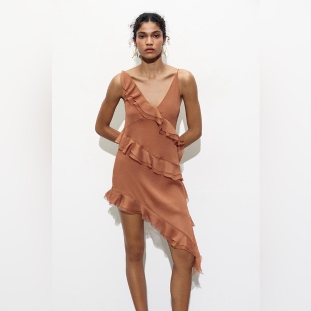 Zara Elegant Asymmetrical Ruffle Dress in Tan